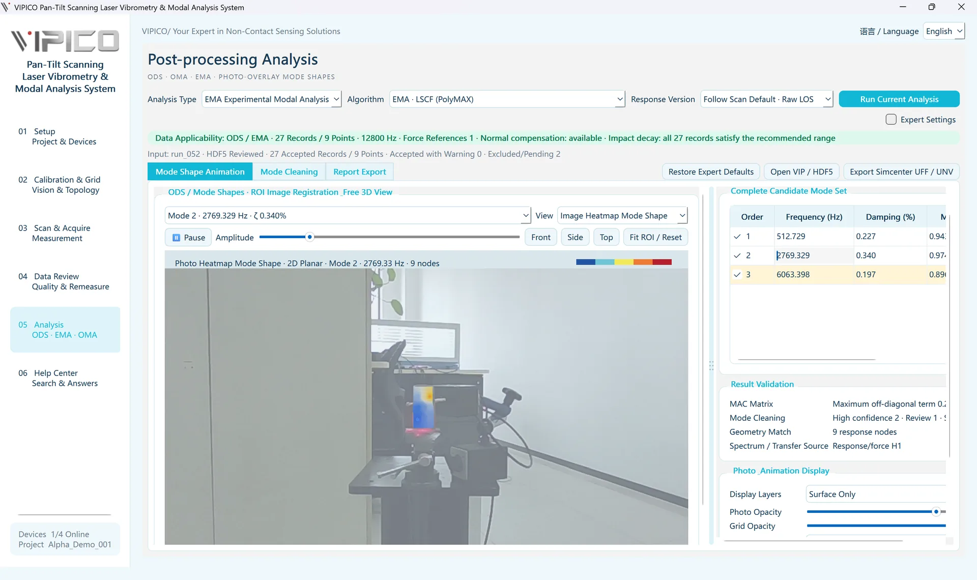 VIPICO modal measurement and analysis software interface