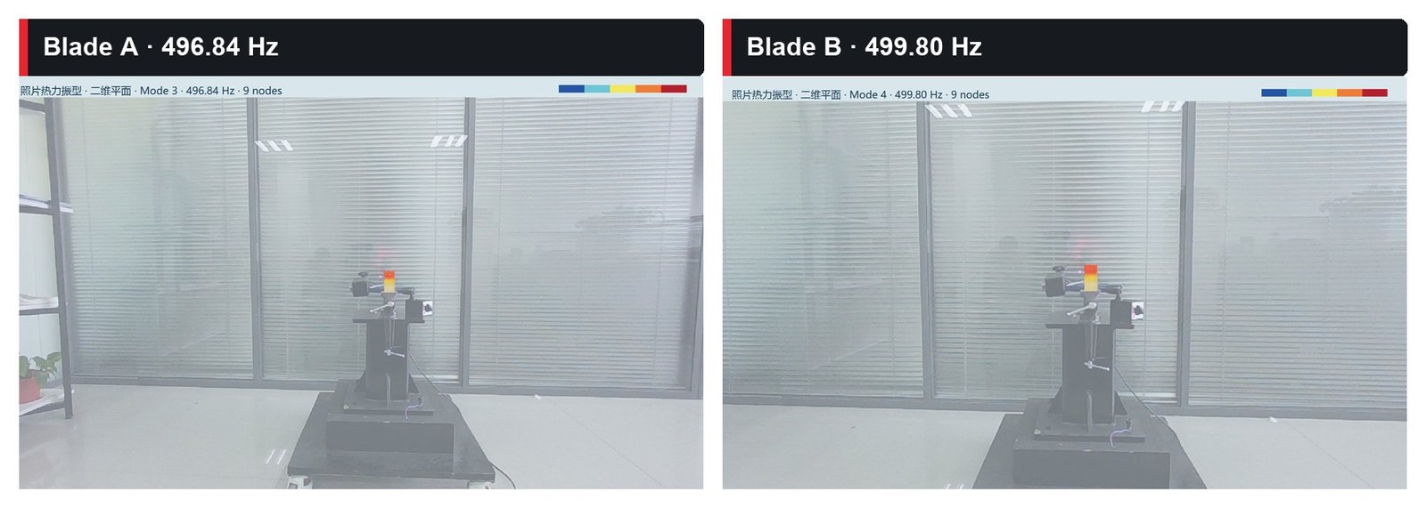 Blade A and Blade B low-order mode-shape comparison from the published VIPICO case