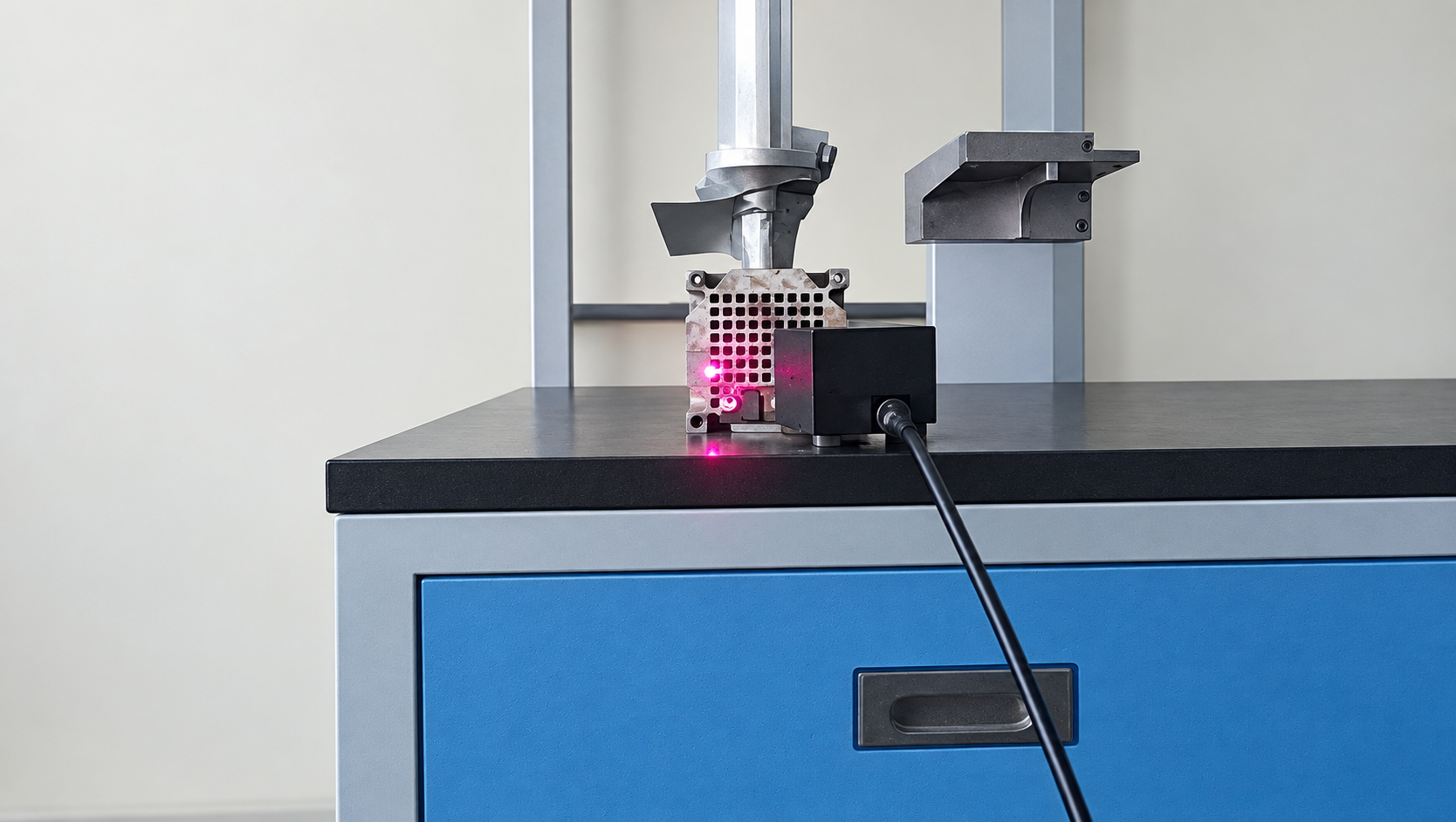 Fixed reference laser vibrometer in the ultrasonic vibration-stage test setup; the gimbal scanning head is outside the photograph.